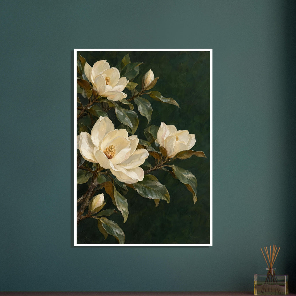 Cream magnolia blossoms and buds on leafy branches against a dark green background, painted with visible brushstrokes.