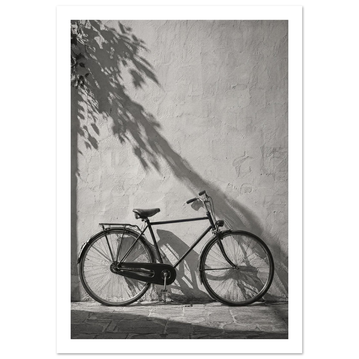 Bicycle leaning against a textured wall with long leafy shadows above and stone paving below, in black and white.