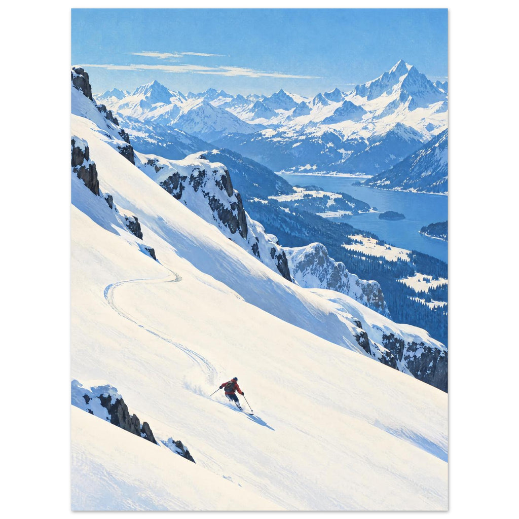 Lone skier carving tracks down a snowy slope above a blue lake, forested valleys and distant snow-covered mountains.