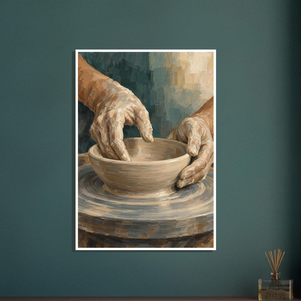 Clay-covered hands shaping a beige bowl on a potter’s wheel, painted with textured brushstrokes against muted teal.