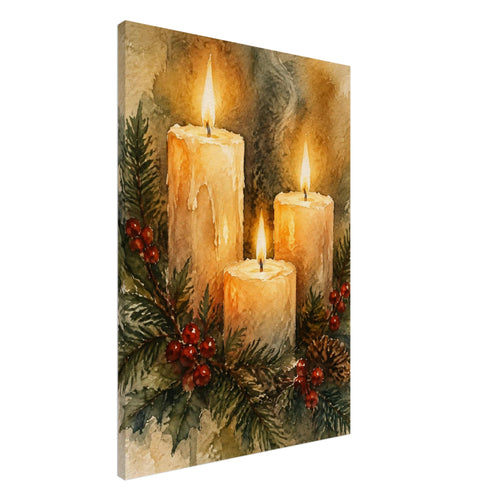 Three glowing golden candles surrounded by evergreen sprigs, red berries and pine cones in a soft watercolour composition.