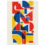 Red, blue and yellow geometric shapes stacked vertically on a cream background with distressed texture and dark overlaps.