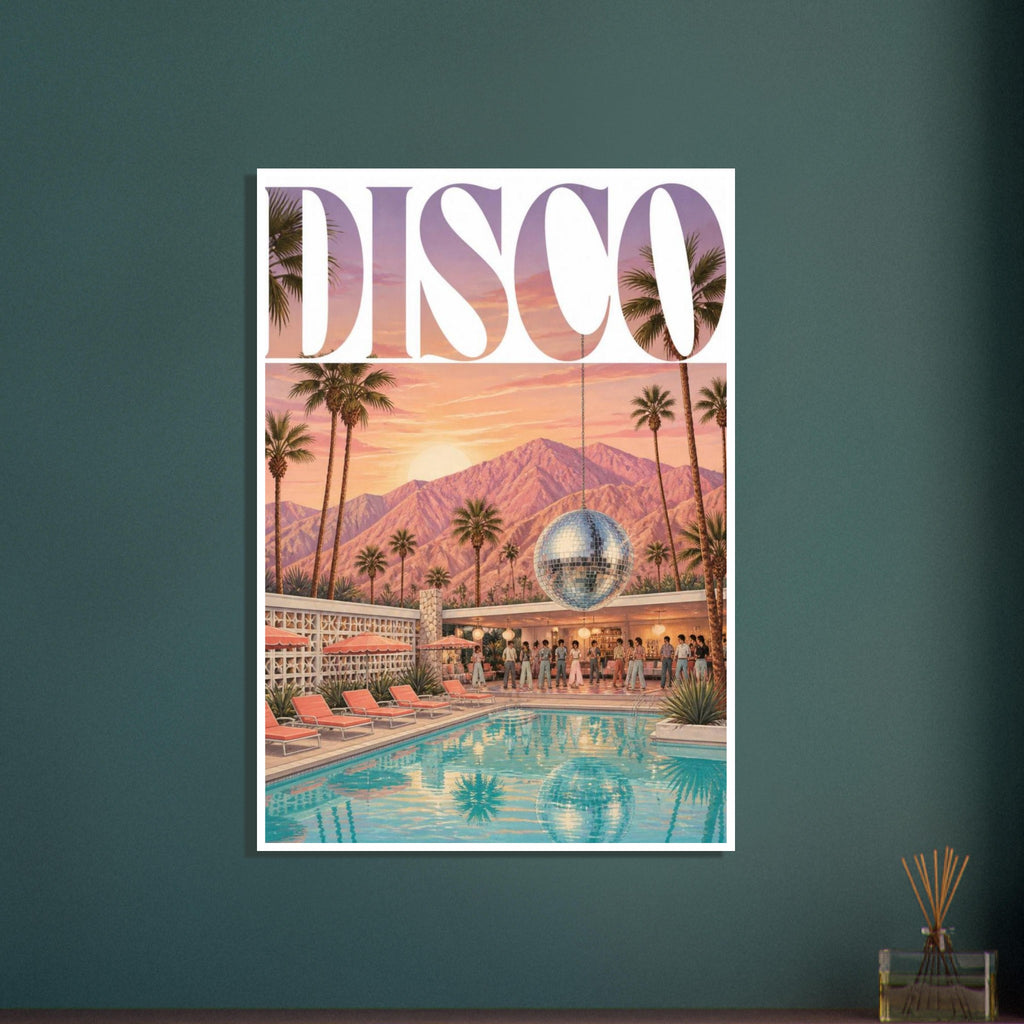 DISCO lettering above a sunset pool party with a hanging mirror ball, palm trees, pink mountains and turquoise water.