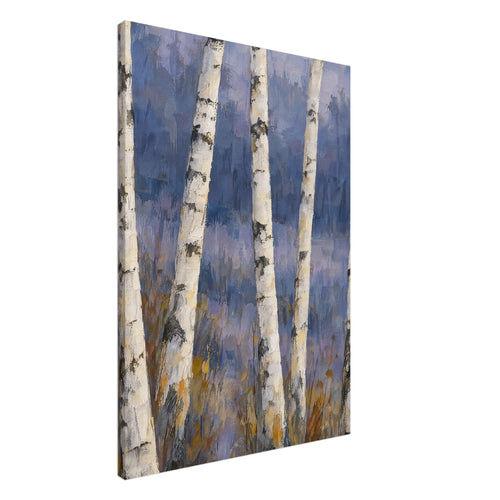 Pale birch trunks with dark bark markings against a painterly blue and lavender background, with ochre grasses below.