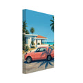 Coral-pink coupé parked beside a coastal house, with palm trees, blue sky, turquoise sea and long palm shadows.