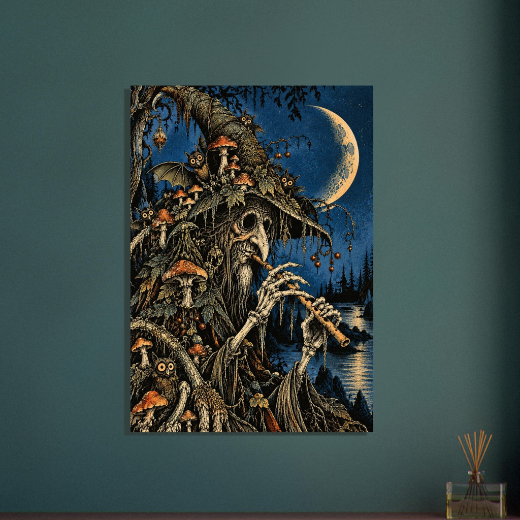 Skeletal, beaked musician in a mushroom-covered pointed hat plays a wind instrument beneath a crescent moon.