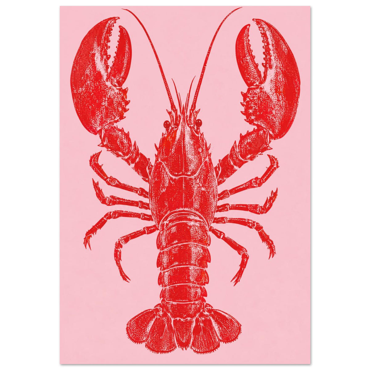 Red lobster with large raised claws, long antennae and a textured shell on a plain pink background.