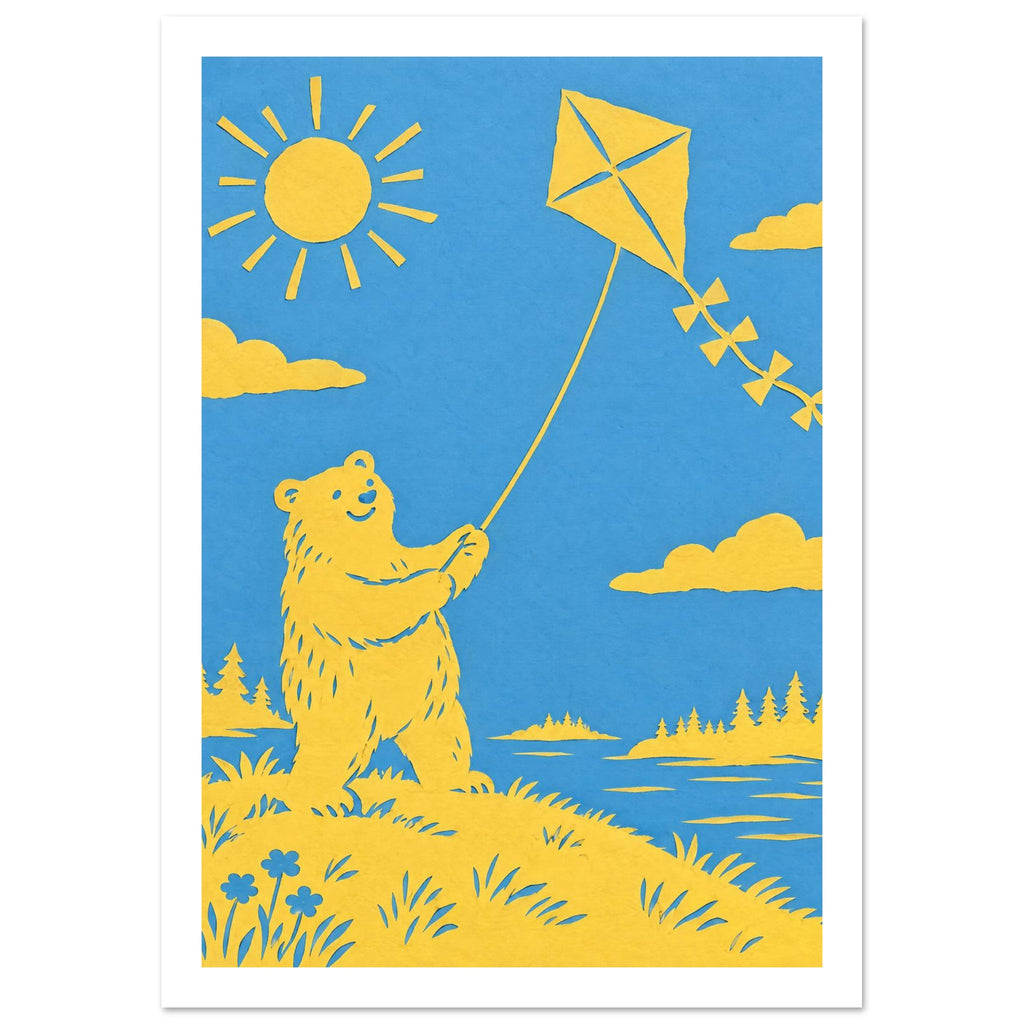 Yellow bear flying a kite beneath a sun and clouds, beside blue water with tree-lined banks, in a paper-cut style.