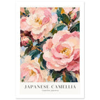 Pink and cream camellia flowers with green leaves and textured brushwork above Japanese Camellia and Camellia japonica letter