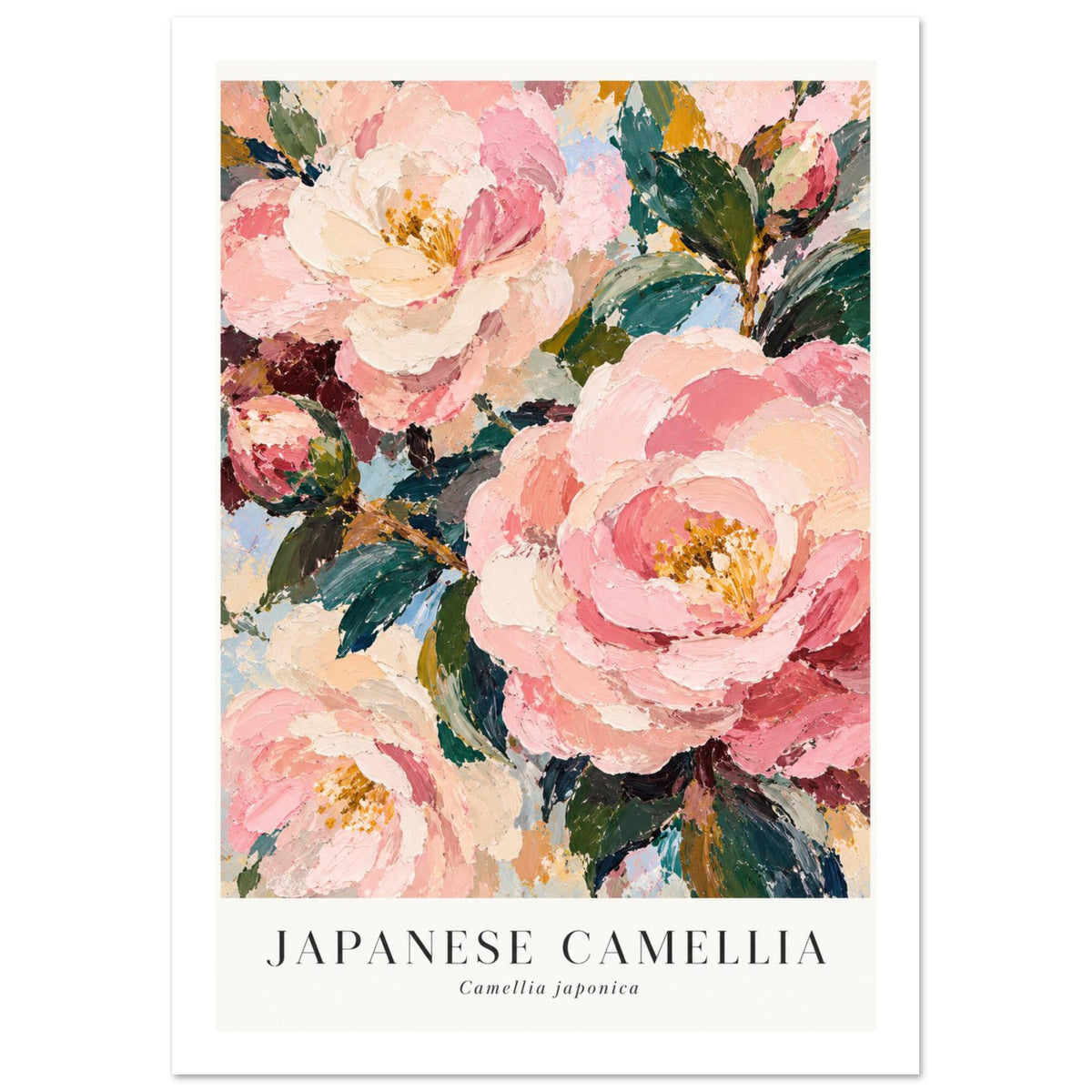 Pink and cream camellia flowers with green leaves and textured brushwork above Japanese Camellia and Camellia japonica letter