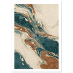 Teal and brown marbled swirls with fine feathered lines flowing across a warm cream background.
