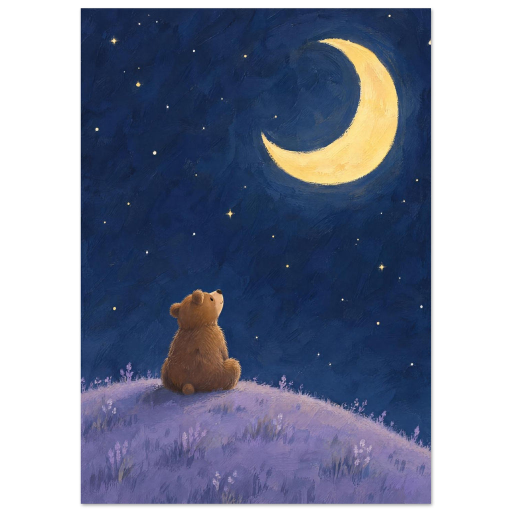 Brown bear sitting on a lilac hill, looking up at a yellow crescent moon and scattered stars in a deep blue sky.
