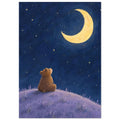 Brown bear sitting on a lilac hill, looking up at a yellow crescent moon and scattered stars in a deep blue sky.