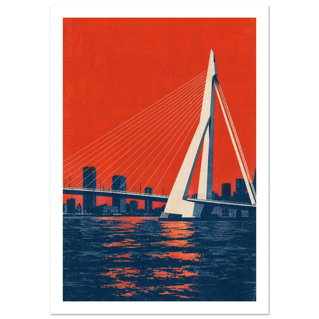 Erasmus Bridge with cream cables above a dark blue waterfront and skyline, set against a textured orange-red sky.