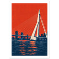 Erasmus Bridge with cream cables above a dark blue waterfront and skyline, set against a textured orange-red sky.