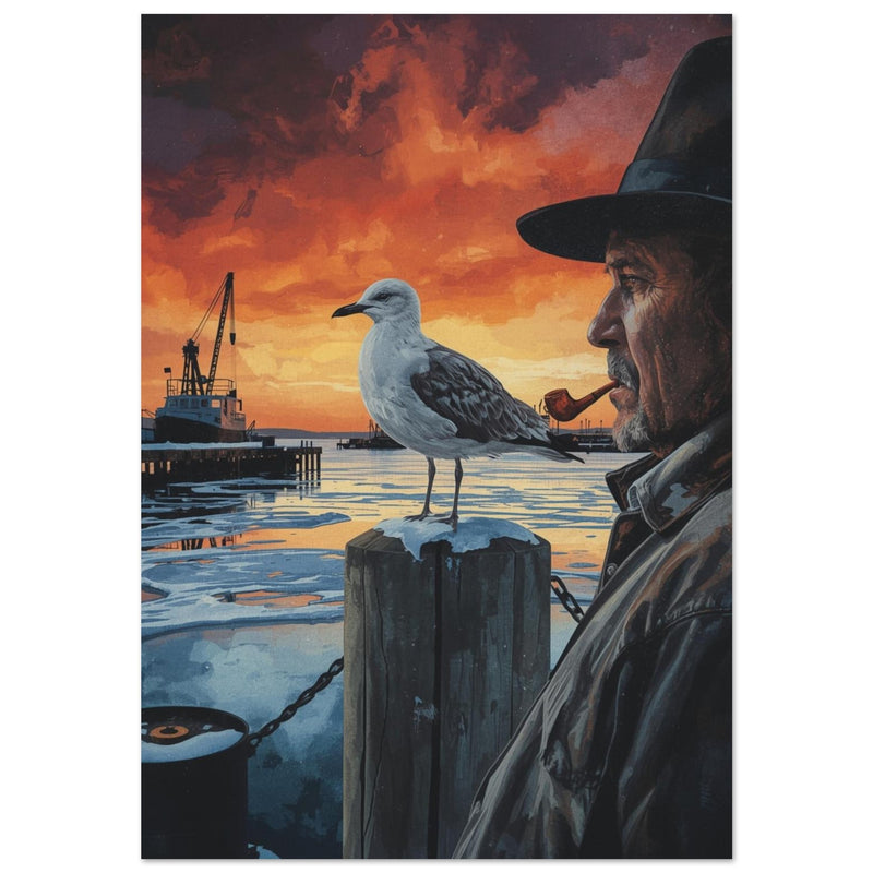 Fisherman and Seagull at Sunset Art Print