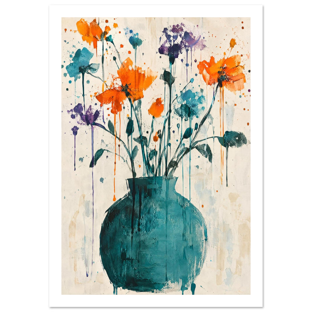 Orange, purple and teal flowers in a rounded teal vase, with paint splashes and drips on a cream background.