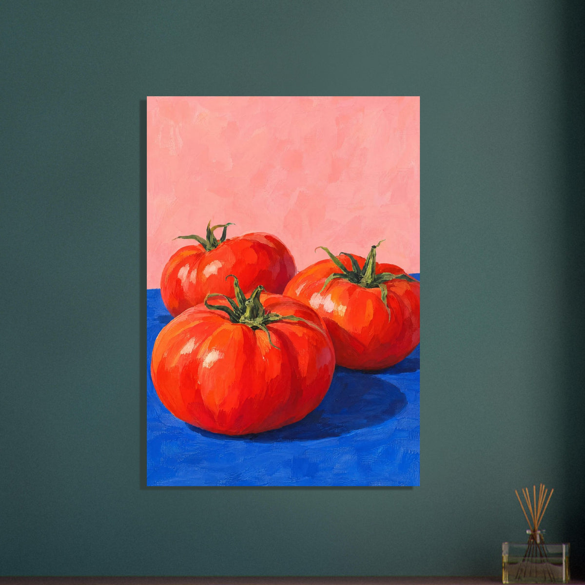 Three red tomatoes with green stems on a vivid blue surface against a pink background, painted with broad brushstrokes.