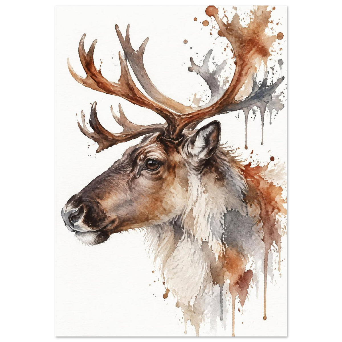 Watercolour reindeer head in profile with large antlers and loose paint splashes