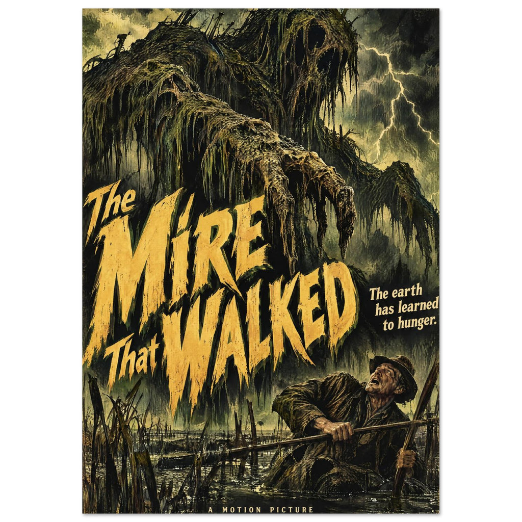 Moss-covered swamp monster looms over a frightened man beneath lightning, with yellow ‘The Mire That Walked’ lettering.