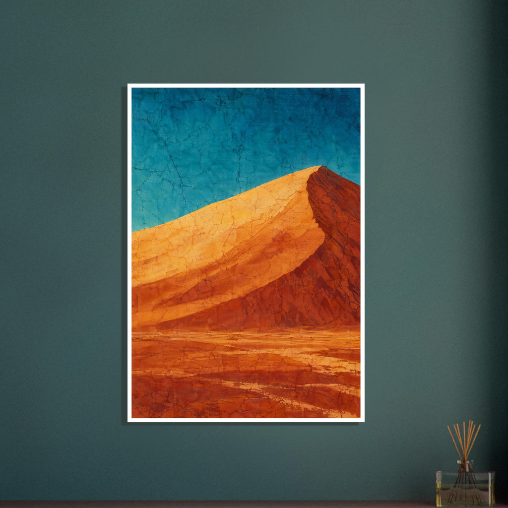 Orange desert dune with a sweeping golden ridge, rust-coloured shadows and a teal sky, with crackle-like texture throughout.