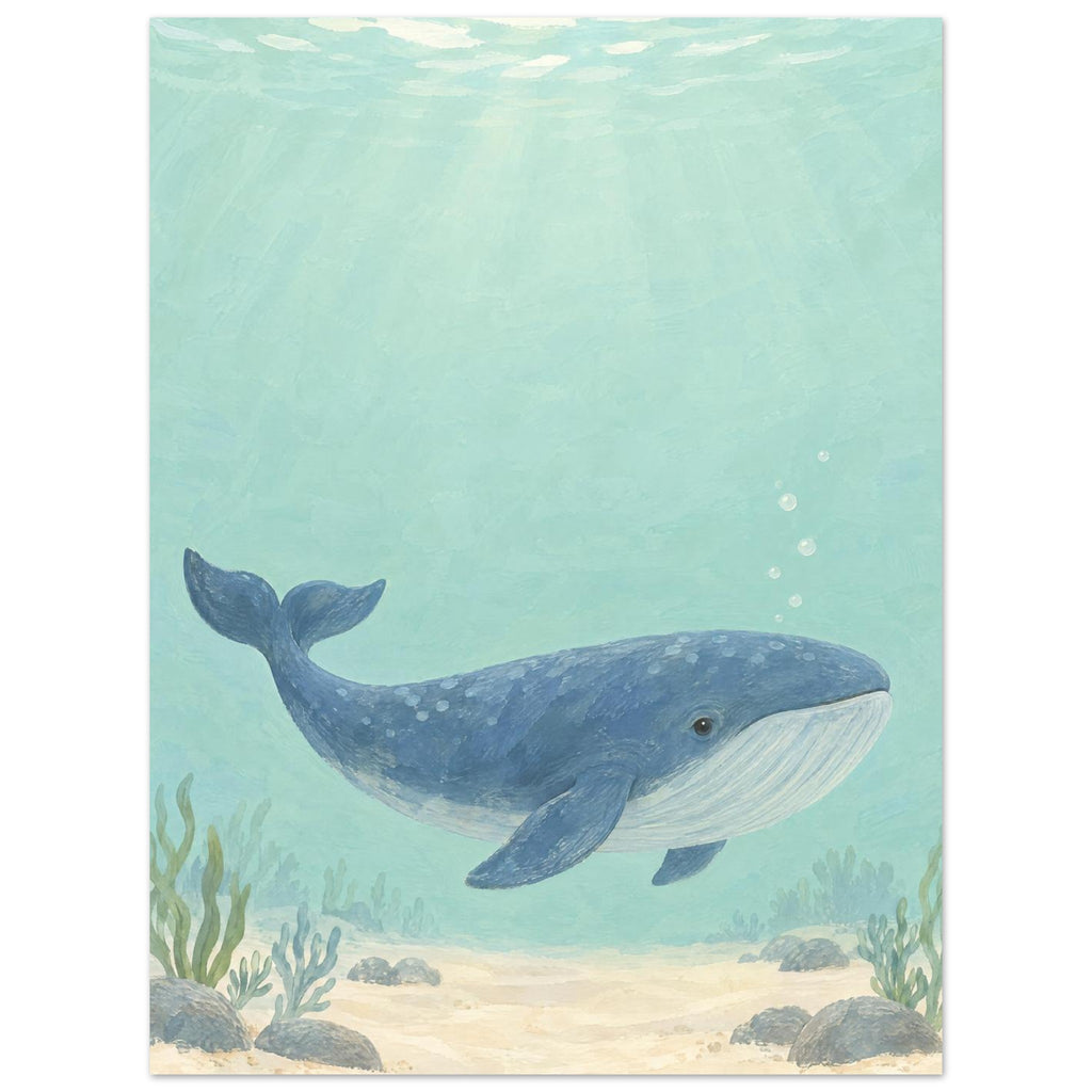 Blue whale swimming through pale aqua water above a sandy seabed with rocks and sea plants, beneath sunlit ripples.