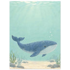 Blue whale swimming through pale aqua water above a sandy seabed with rocks and sea plants, beneath sunlit ripples.
