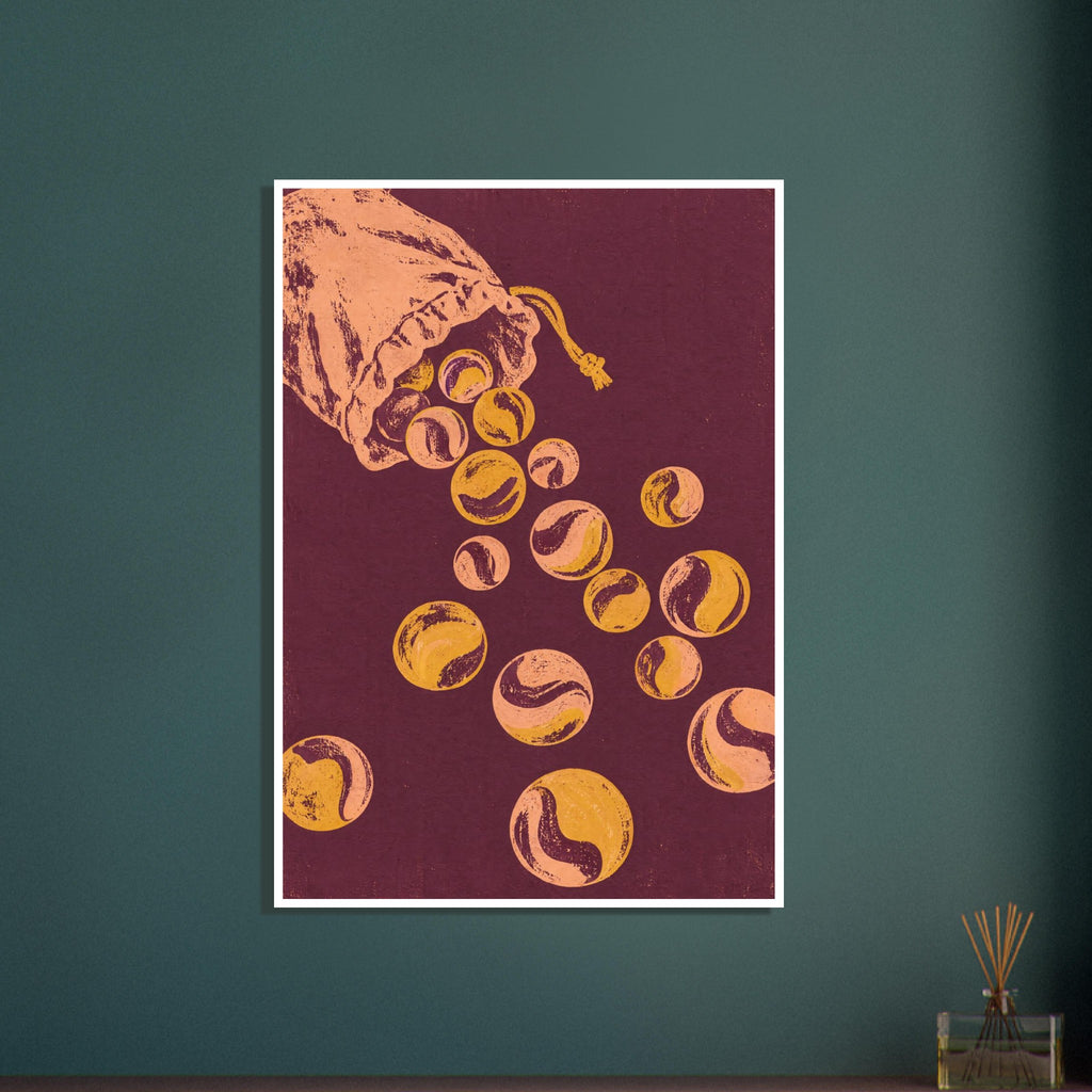 Peach and mustard marbles spill from a drawstring pouch across a burgundy background, with distressed textures.