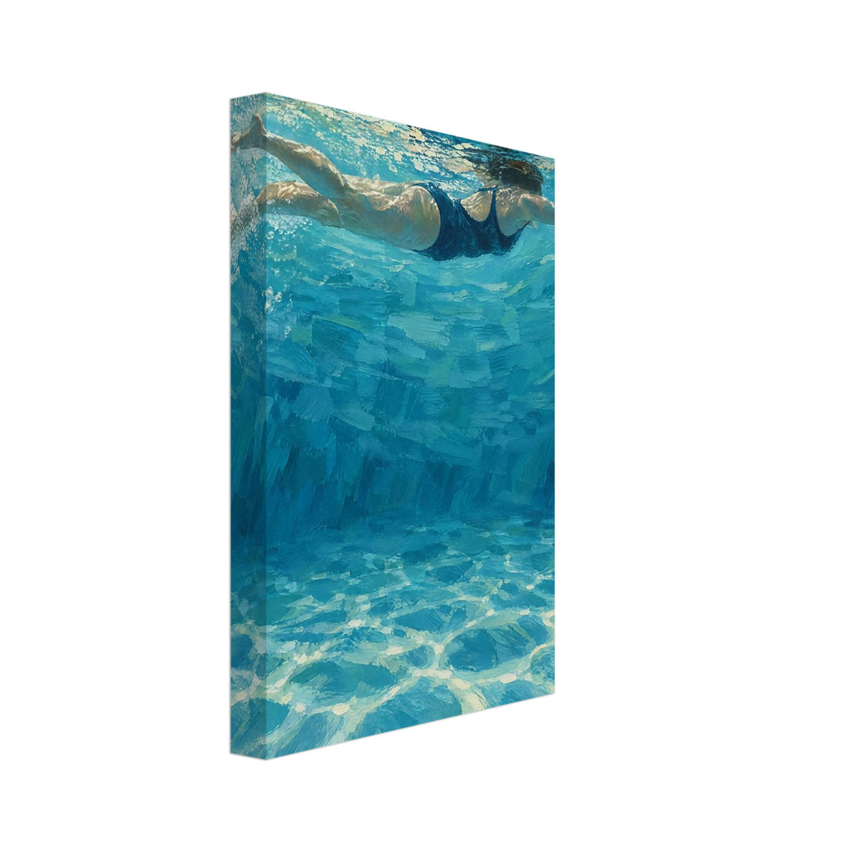 Swimmer in a dark blue swimsuit beneath rippling turquoise water, with bubbles and pale light patterns across the pool floor.