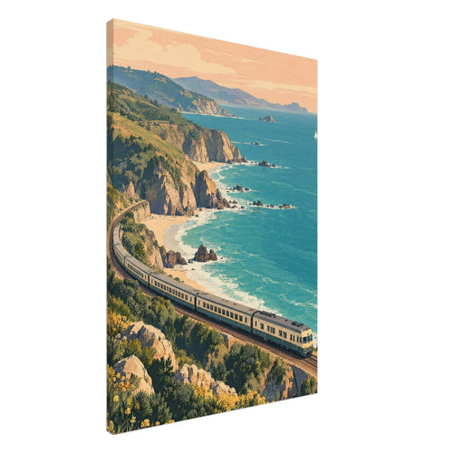 Train curving along coastal cliffs above turquoise sea, with sandy coves, green hills and sailboats beneath a peach sky.