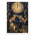 Two hands raising champagne coupes beneath a gold clock, with streamers, candles and a bottle against a dark navy skyline.