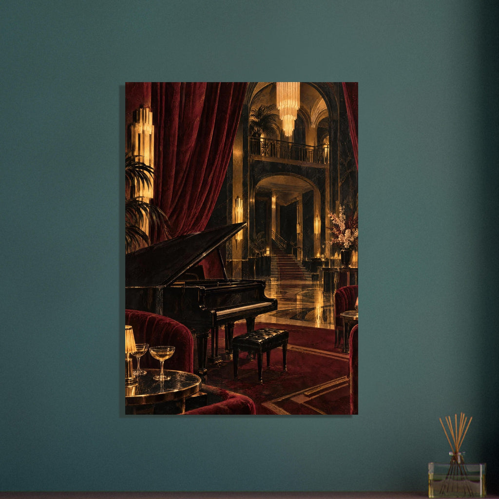 Black grand piano in an ornate lounge with burgundy curtains, golden chandeliers, velvet chairs and a staircase.