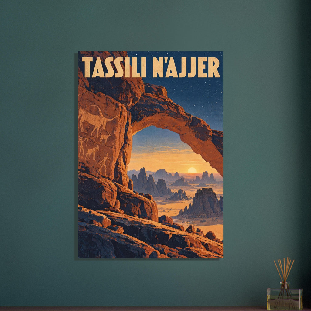 Tassili N’Ajjer lettering above an orange sandstone arch, rock art figures and desert towers beneath a starry blue sky.