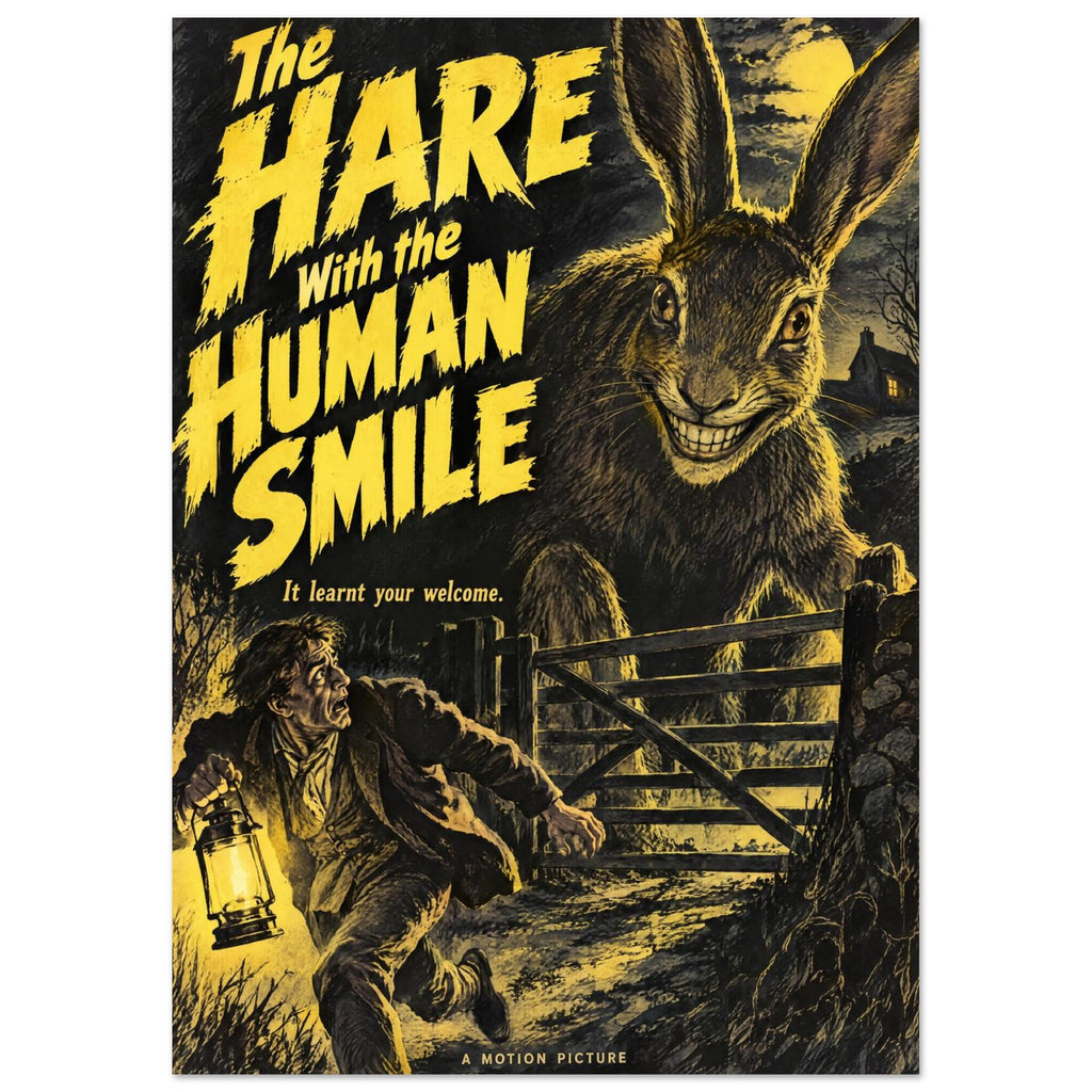 Grinning giant hare behind a gate as a man flees with a lantern, beneath yellow horror-film lettering on black.