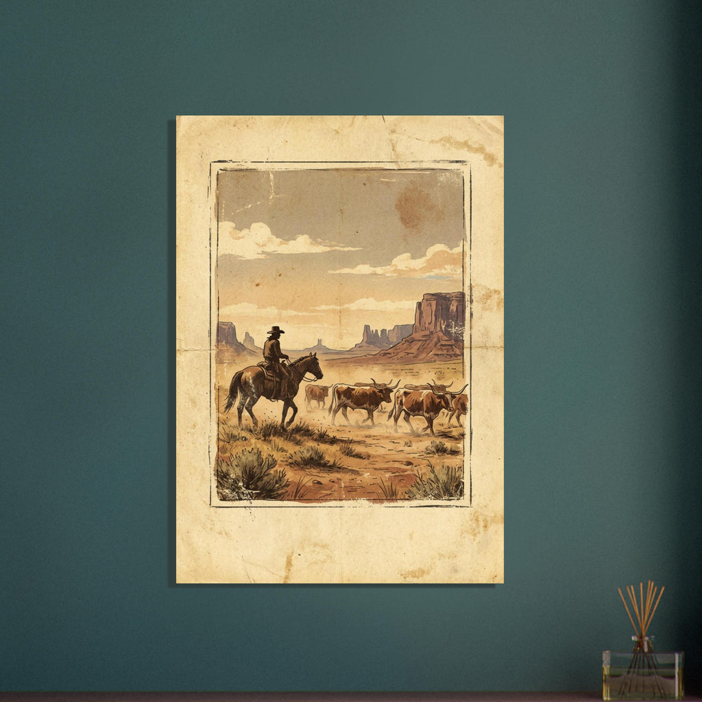 Cowboy on horseback herding longhorn cattle across a desert with rock formations, in warm tones with an aged-paper border.
