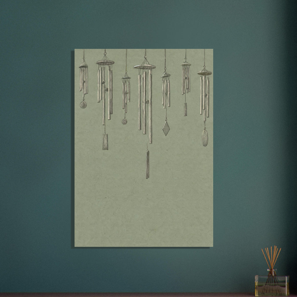 Seven finely drawn wind chimes hanging at varied heights against a textured sage green background.