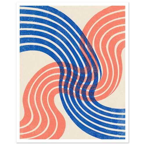 Blue and coral curved bands overlap across a cream background, with a distressed texture throughout.