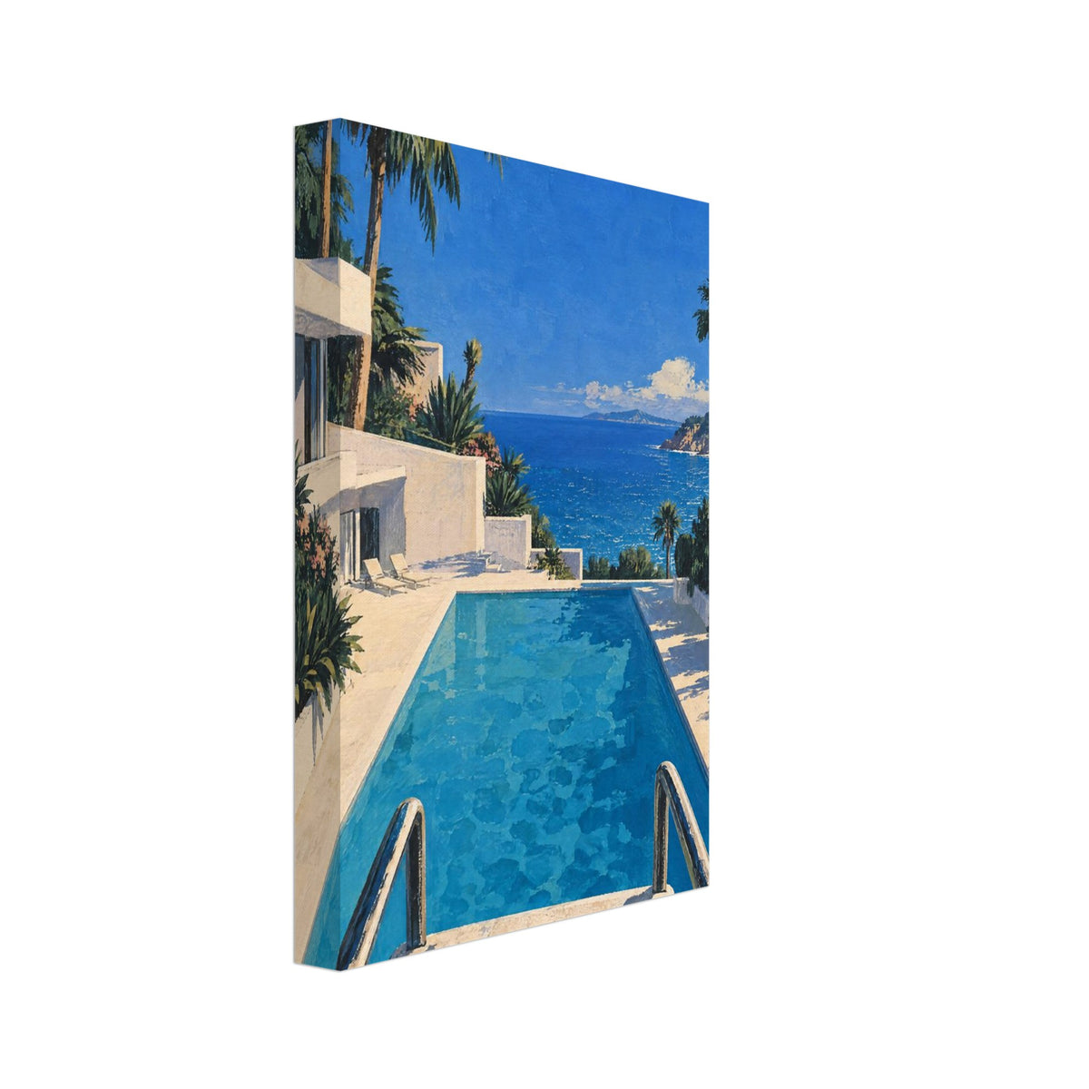 Turquoise swimming pool with foreground handrails, a cream villa, palm trees and a convertible overlooking the blue sea.