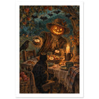 Pumpkin-headed scarecrow offering an apple at a candlelit table, with a black cat, dark bird and hanging bat decorations.