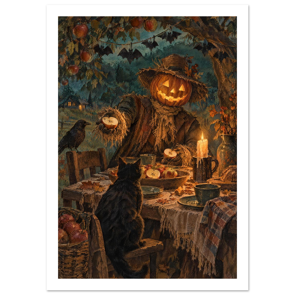 Pumpkin-headed scarecrow offering an apple at a candlelit table, with a black cat, dark bird and hanging bat decorations.