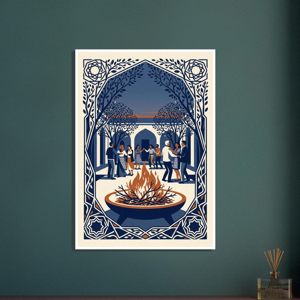 Fire bowl with orange flames before dancing people, trees and arches, enclosed by an ornate blue and cream border.