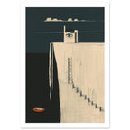 A blue eye above a cream wall with a ladder and descending stairs, beside dark water holding a small orange boat.