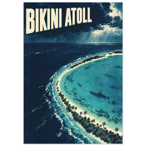 Bikini Atoll lettering above storm clouds, dark ocean and a palm-lined turquoise lagoon with submerged ship silhouettes.
