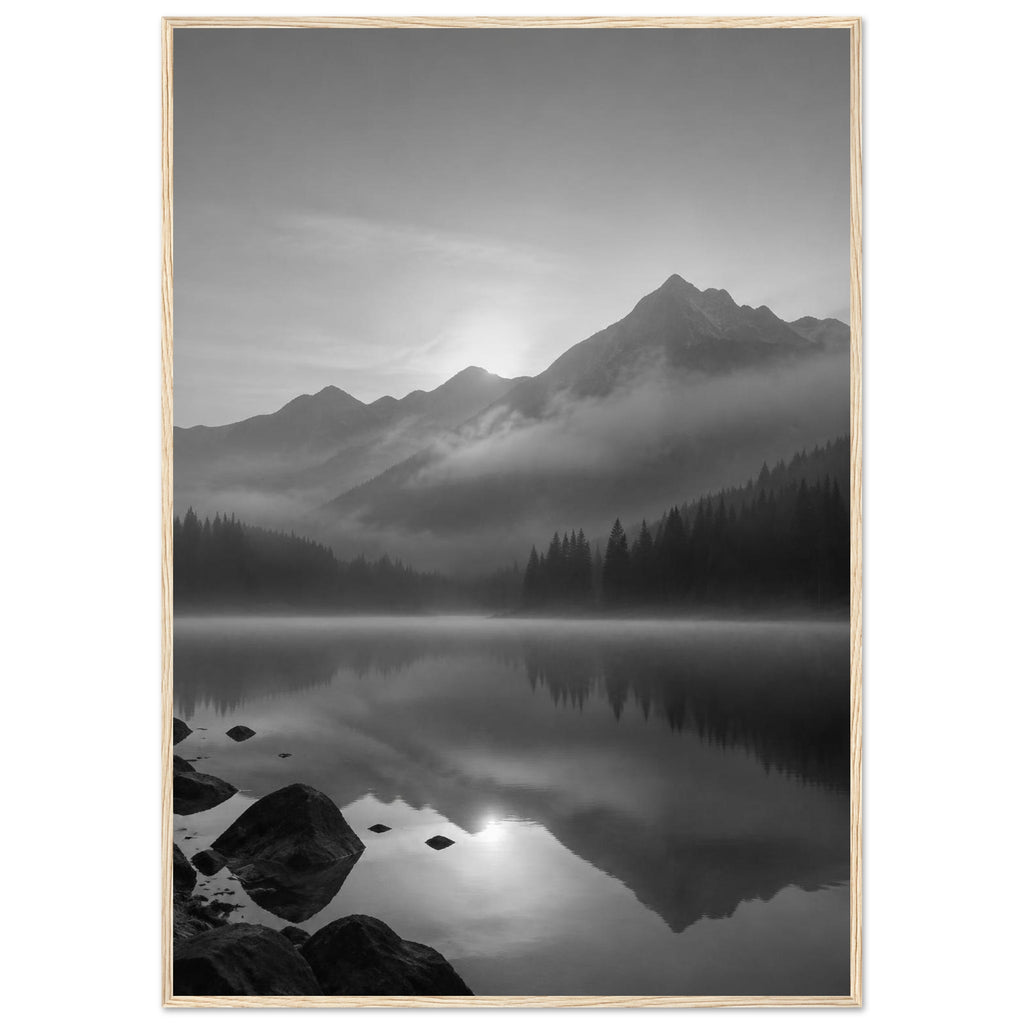 Mountain peaks and conifer forests reflected in a misty lake, with rocks in the foreground, in black and white.