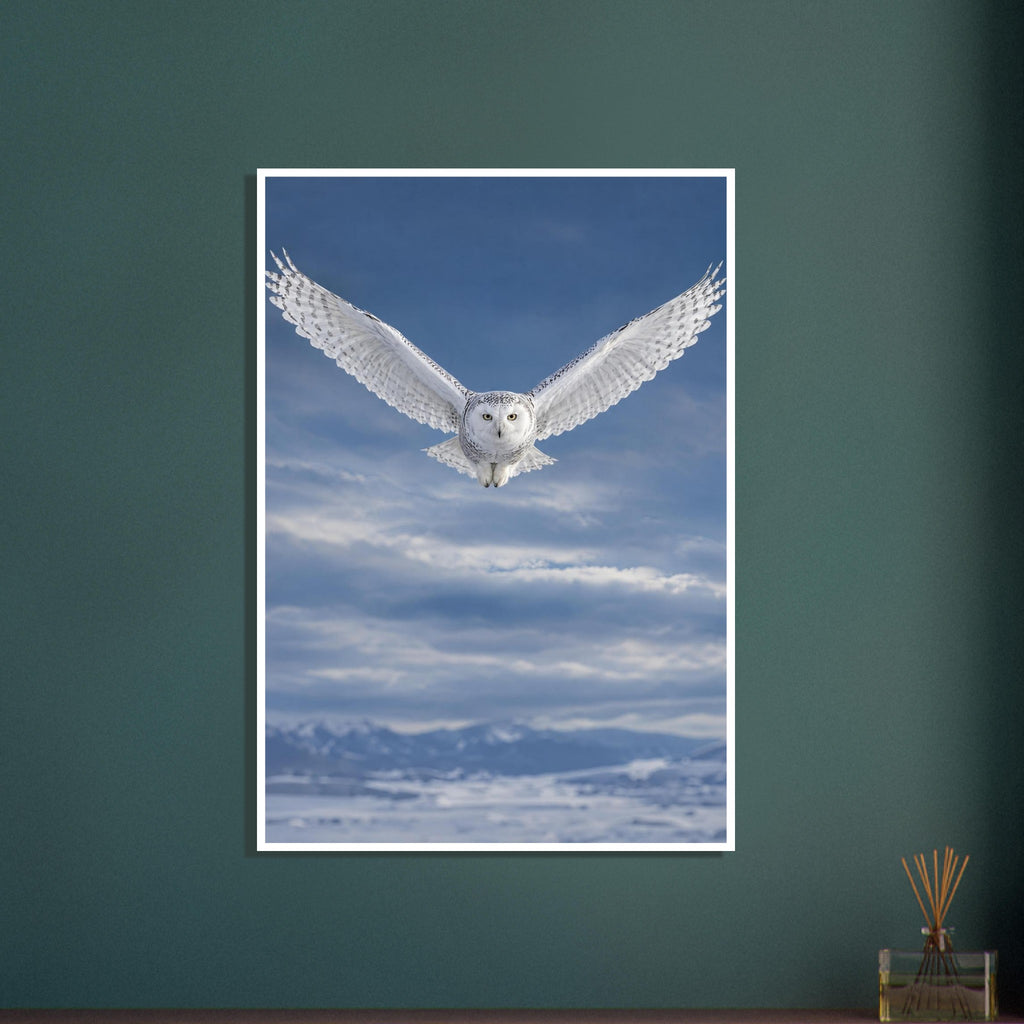Snowy owl flying towards the viewer with wings spread against a blue, cloudy sky above snow-covered mountains.