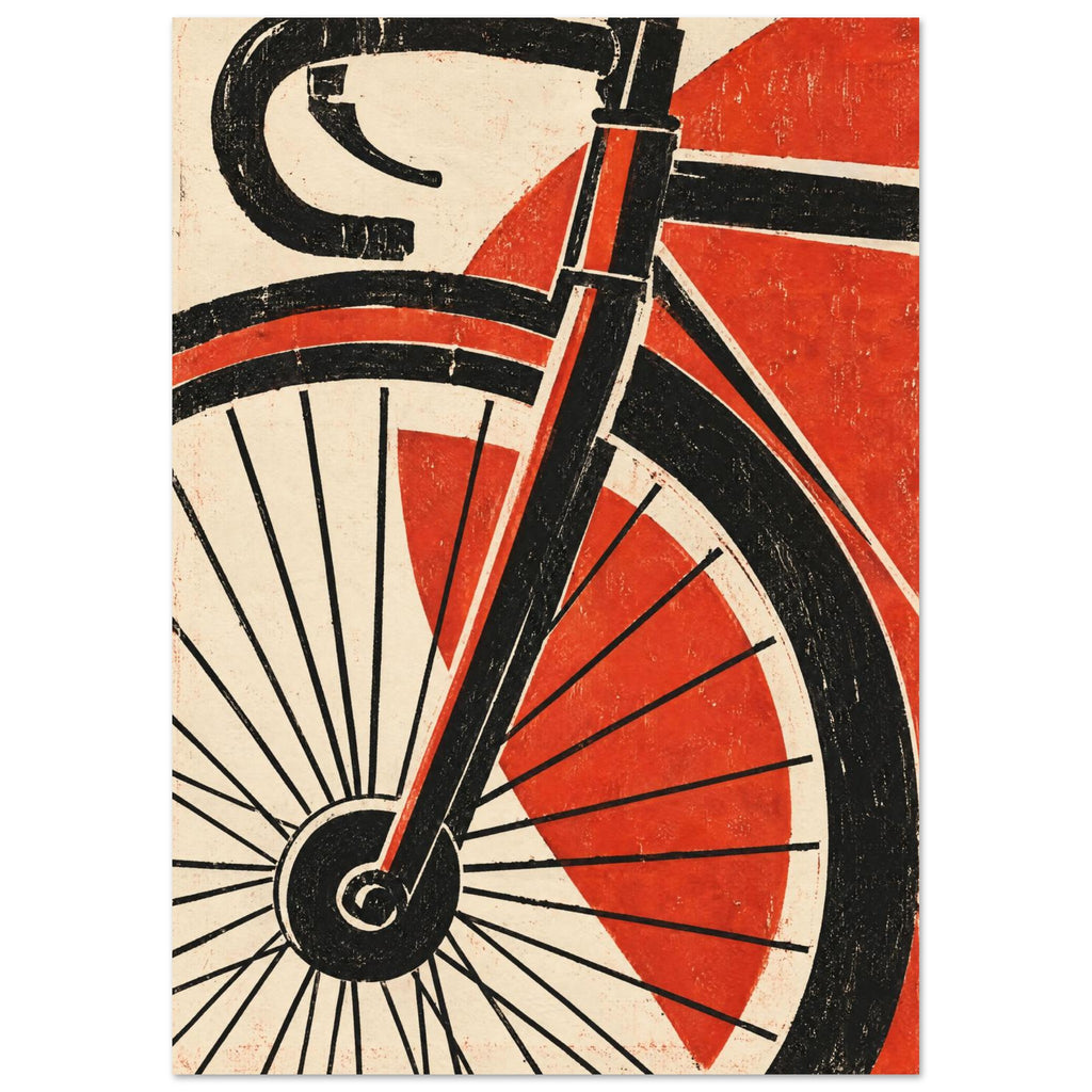 Bicycle front wheel, fork and drop handlebar in black against red geometric shapes and a distressed cream background.