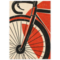 Bicycle front wheel, fork and drop handlebar in black against red geometric shapes and a distressed cream background.