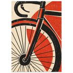 Bicycle front wheel, fork and drop handlebar in black against red geometric shapes and a distressed cream background.