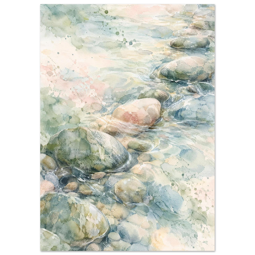 Watercolour of rounded pebbles in shallow flowing water, with soft blue, green and cream washes and fine white ripples.