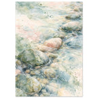 Watercolour of rounded pebbles in shallow flowing water, with soft blue, green and cream washes and fine white ripples.